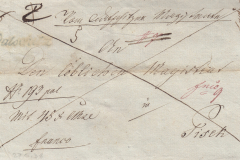27.5.1838, úřední dopis, razítko A.8. černé, červený nápis franco 9 - přední strana dopisu přeškrtnuta dvěma čárami - poštovné uhrazeno odesilatelem