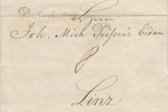 15.5.1838, obchodní dopis z Dačické cukrovaru do Linze, poštovné 8 kr, hradí příjemce