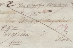 27.5.1838, úřední dopis, razítko A.8. černé, červený nápis franco 9 - přední strana dopisu přeškrtnuta dvěma čárami - poštovné uhrazeno odesilatelem