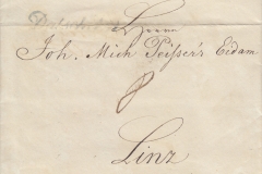 15.5.1838, obchodní dopis z Dačické cukrovaru do Linze, poštovné 8 kr, hradí příjemce