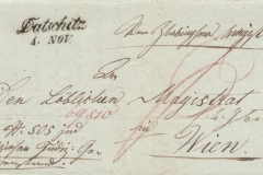 4.11.1840, úřední dopis ze Slavonické radnice do Vídně, razítko A.8-j černé, poštovní záznam P (červeně), porto osvobozeno od poštovného