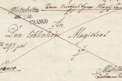 24.5.1842, úřední dopis, razítko A.8-j modré, první razítko FRANCO, přeškrtnuté - poštovné uhrazeno odesilatelem