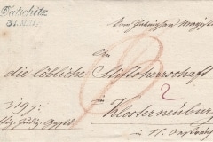 31.5.1847, úřední dopis Slavonická radnice, razítko A.8-j modré, poštovní záznam P (červeně), porto osvobozeno od poštovného