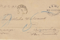 3.3.1886, úřední dopis bez poštovného, razítko okresního úřadu na Lesní správu Uherčice u Jemnice